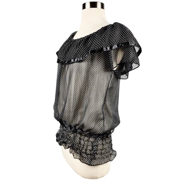 FROKEN SOT Blouse Black White Polka Dot Ruffles Sheer Top Retro Small Rockabilly - Picture 7 of 8